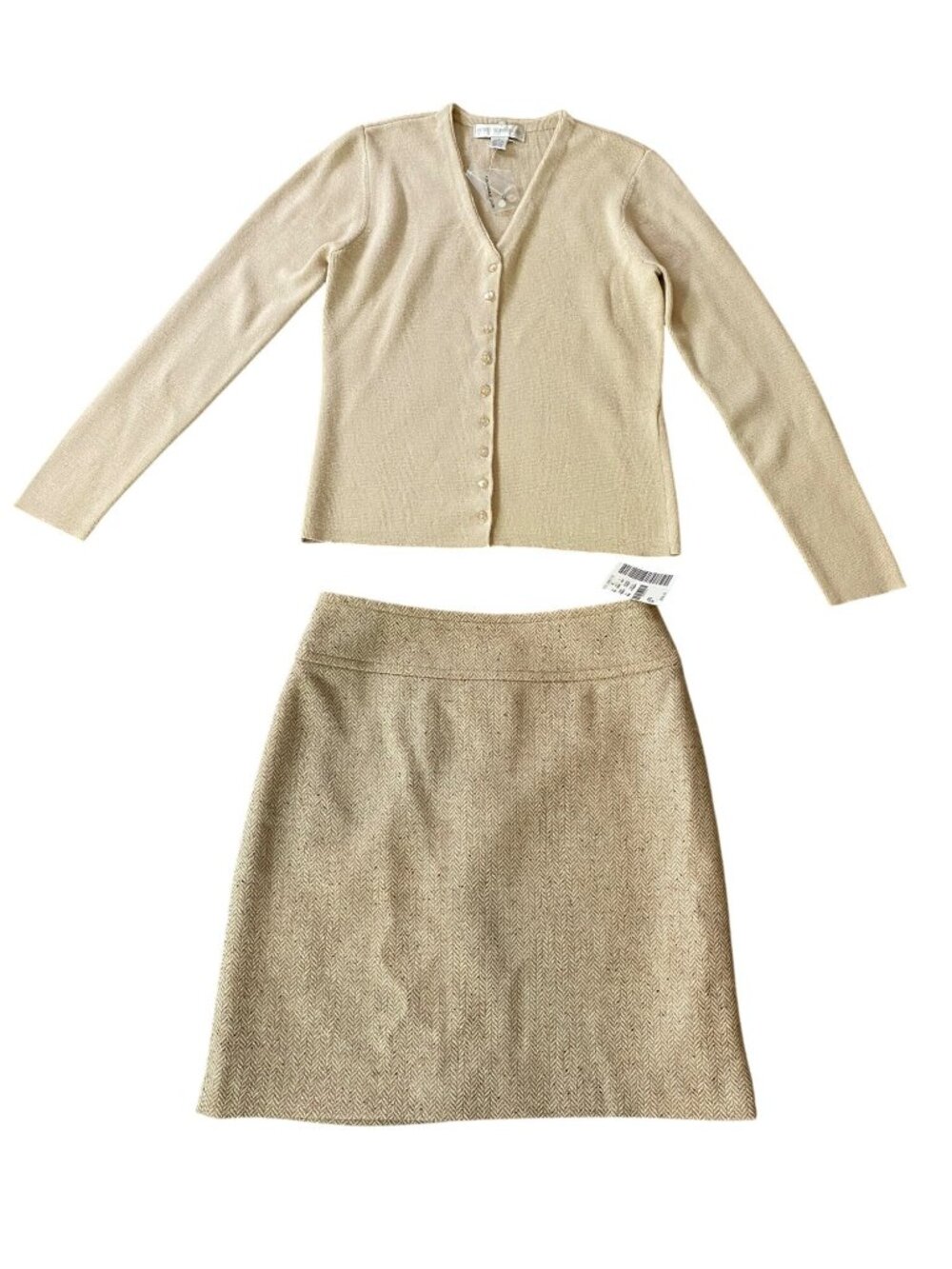 NWT Petite Sophisticate Beige Cardigan & Tweed Skirt Set Made In Italy Size 4P